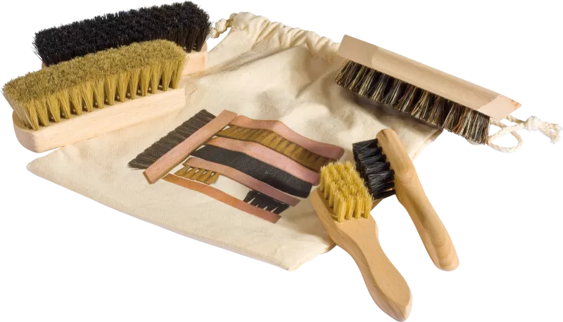 Redecker German-made Travel Shoe Care Set with cotton bag and natural bristle brushes.