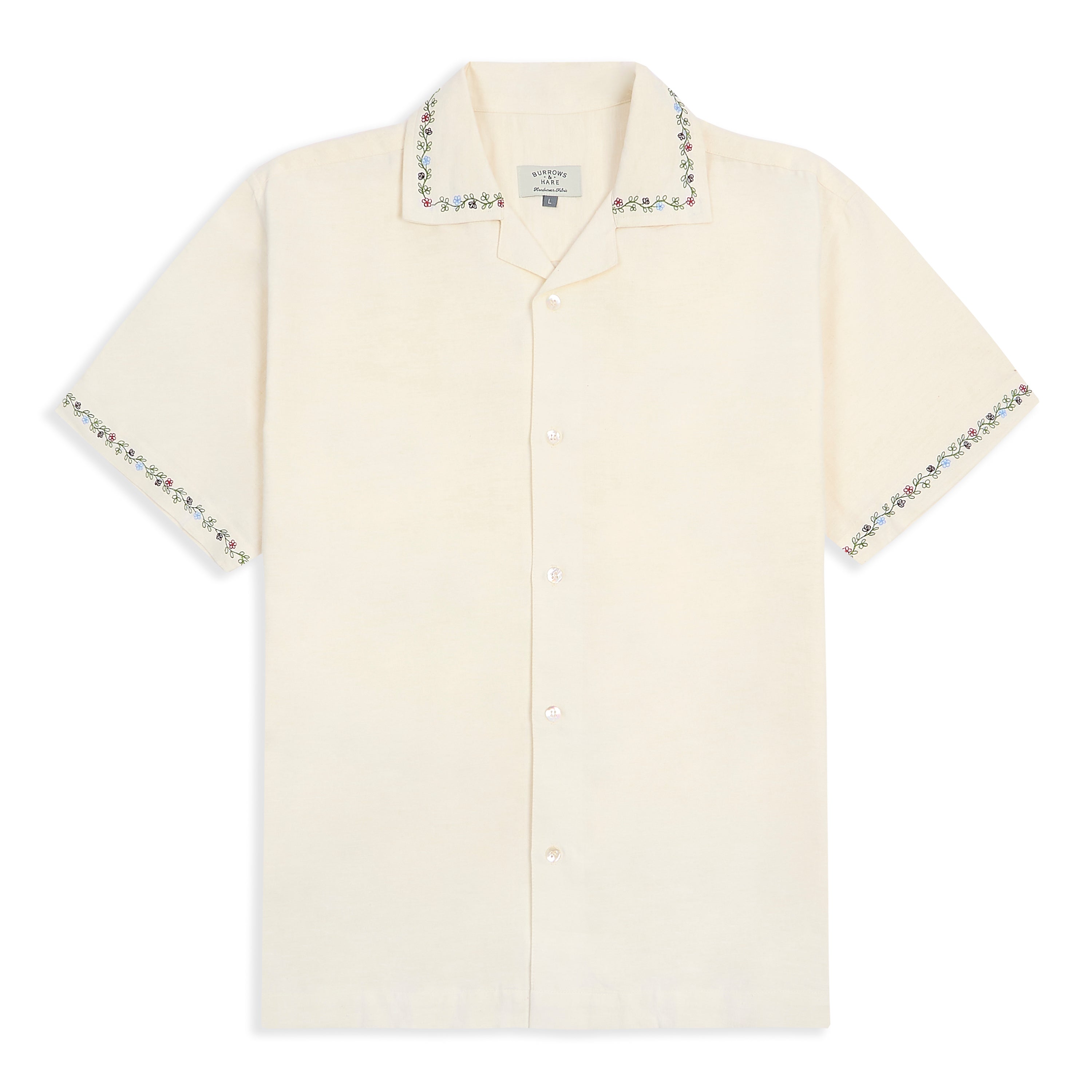 Khadi Short Sleeve Shirt - Ecru Floral Collar