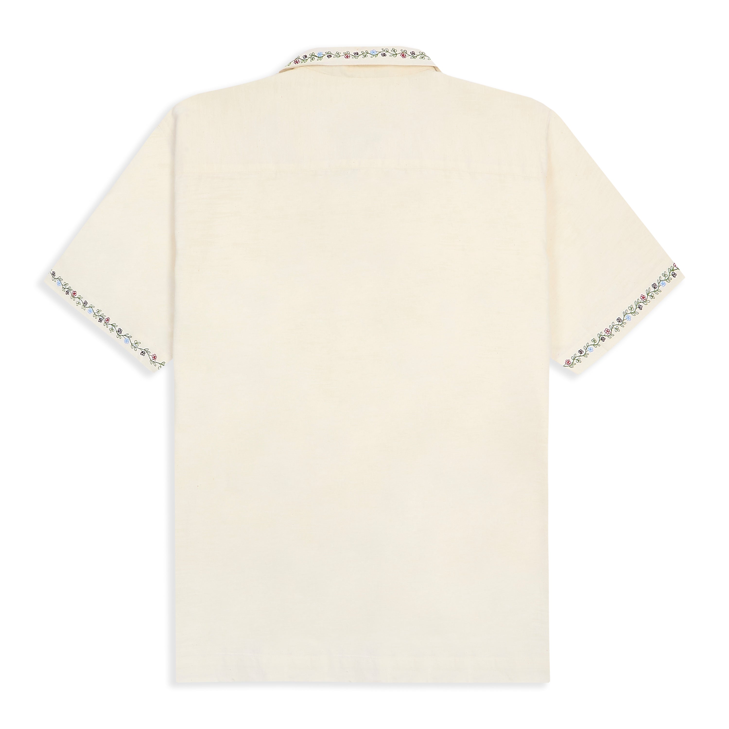 Khadi Short Sleeve Shirt - Ecru Floral Collar