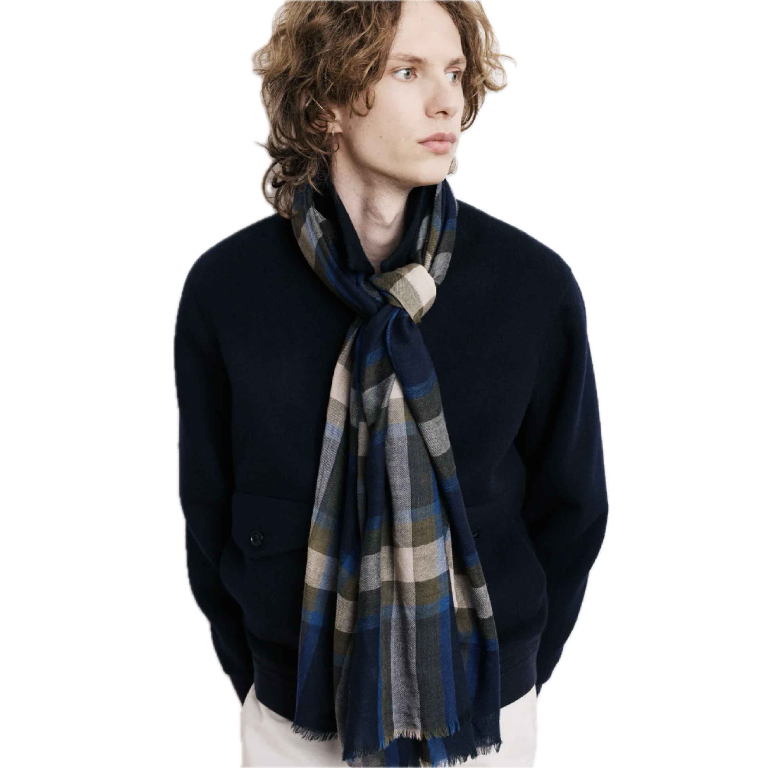Scarf Tartan - GREEN & BLUE CHECKED WOOL SCARF