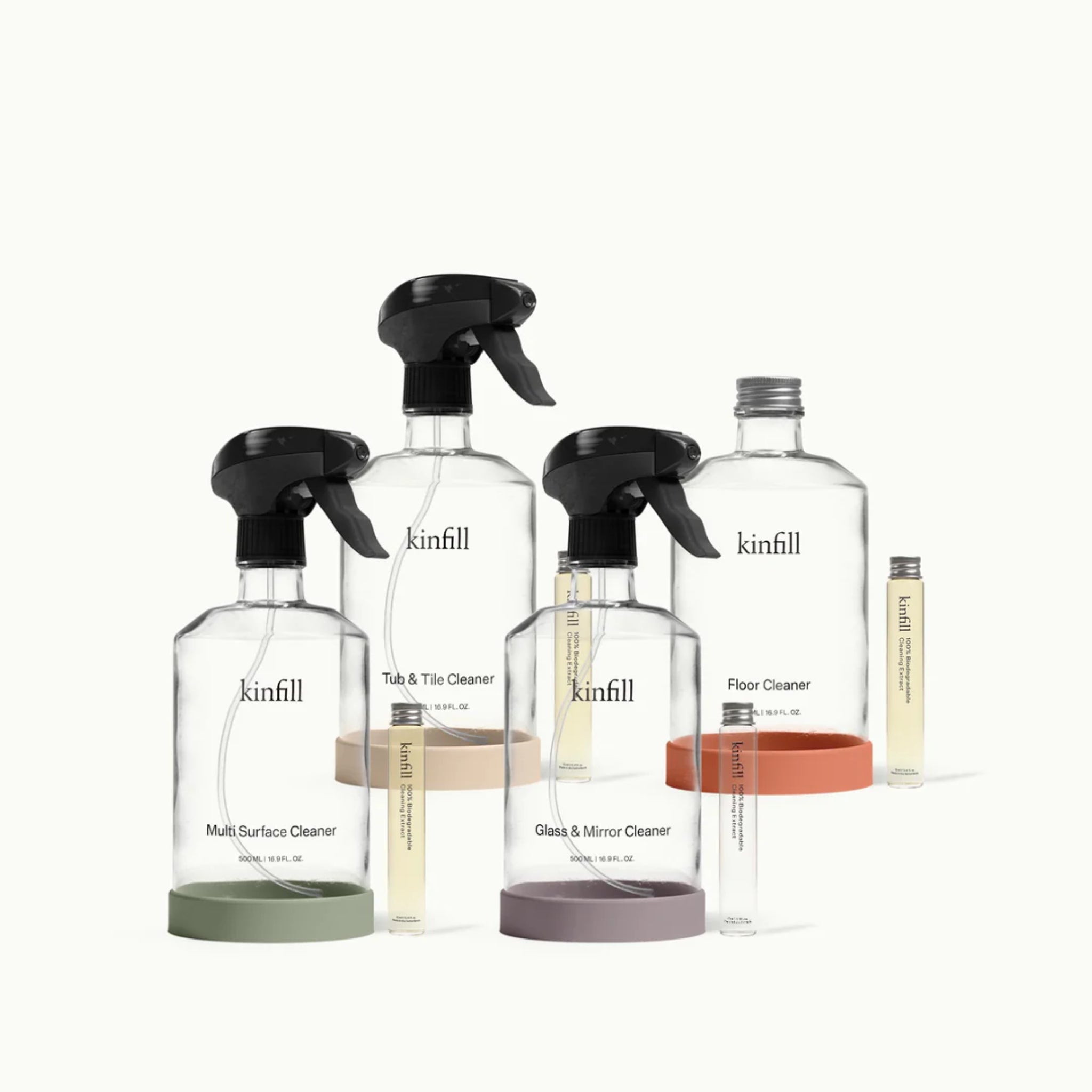 Kinfill Full House Collection, sustainable reusable cleaner bottles with refill vials.