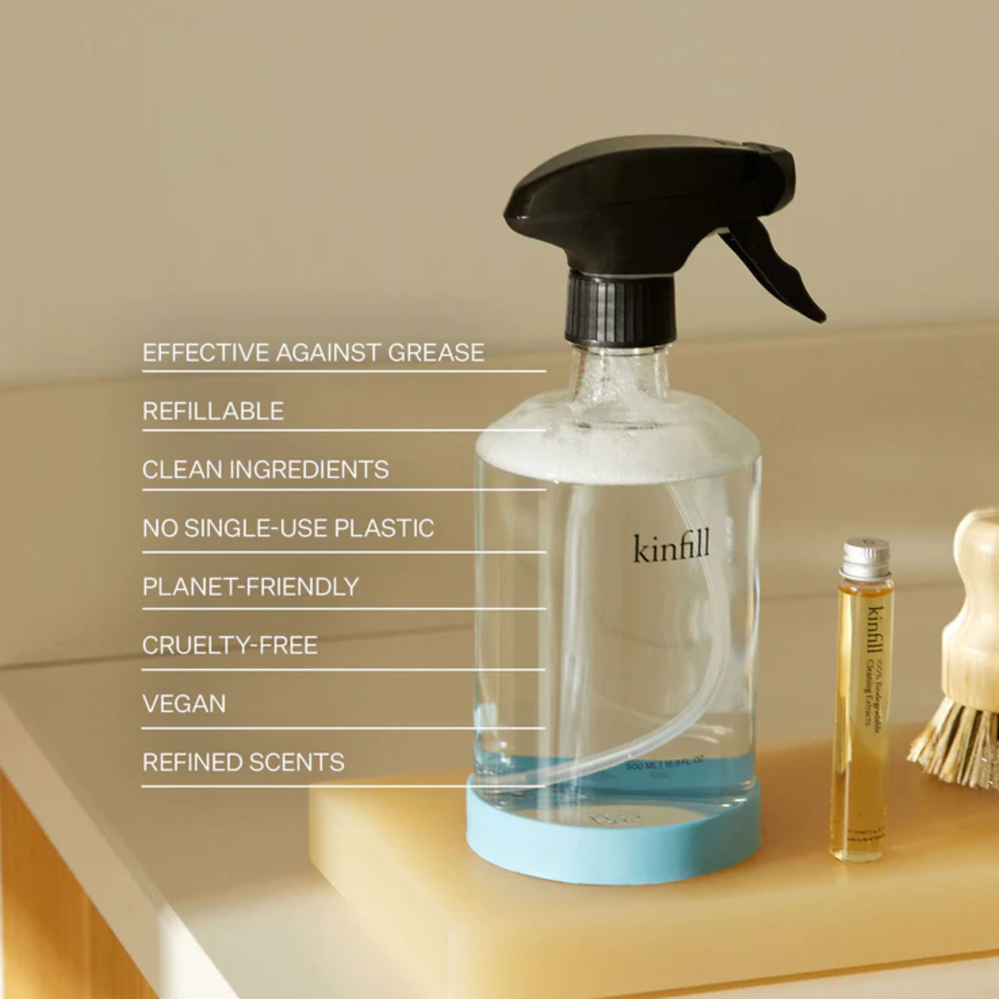 Kinfill Pine Husk Kitchen Cleaner, grease-cutting and eco-friendly, with stylish glass packaging.