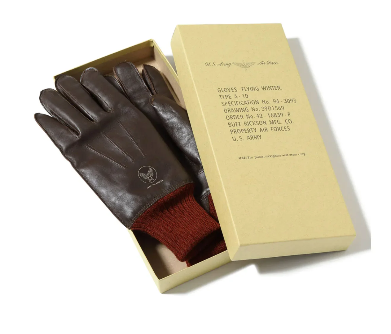 Buzz Rickson's Type A-10 Glove in Small Brown with Red Rib, smooth leather finish.