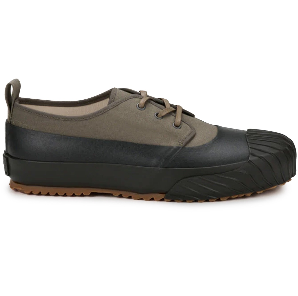 All-Weather Low shoe by Moonstar in Olive, featuring cotton canvas upper and vulcanised rubber sole.