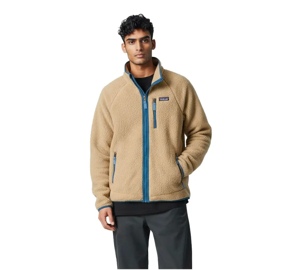 Front view of the Retro Pile Fleece Jacket by Patagonia in Nautilus Tan, featuring fleece texture.