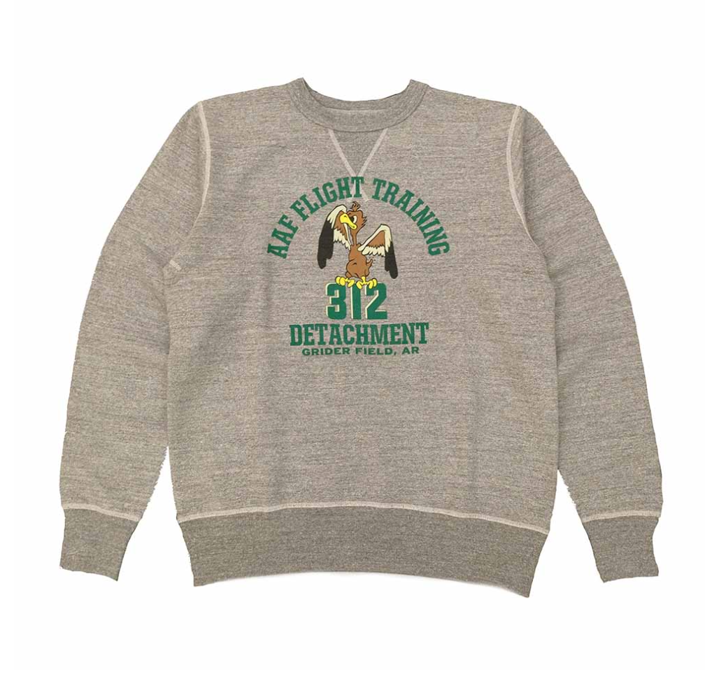 Buzz Rickson's Crew Neck Sweatshirt Flight Training, Heather Grey, cotton material, vintage style.