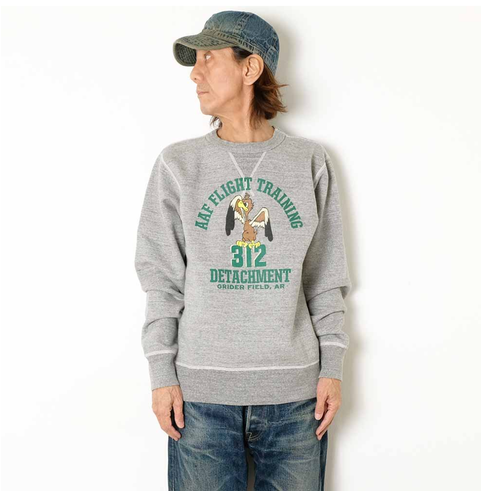 Side view of Buzz Rickson's Crew Neck Sweatshirt Flight Training in Heather Grey.