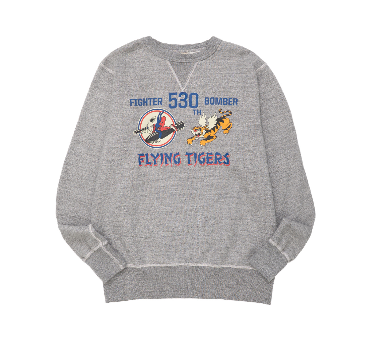 Crew Neck Sweatshirt Flying Tigers by Buzz Rickson's in heather grey.
