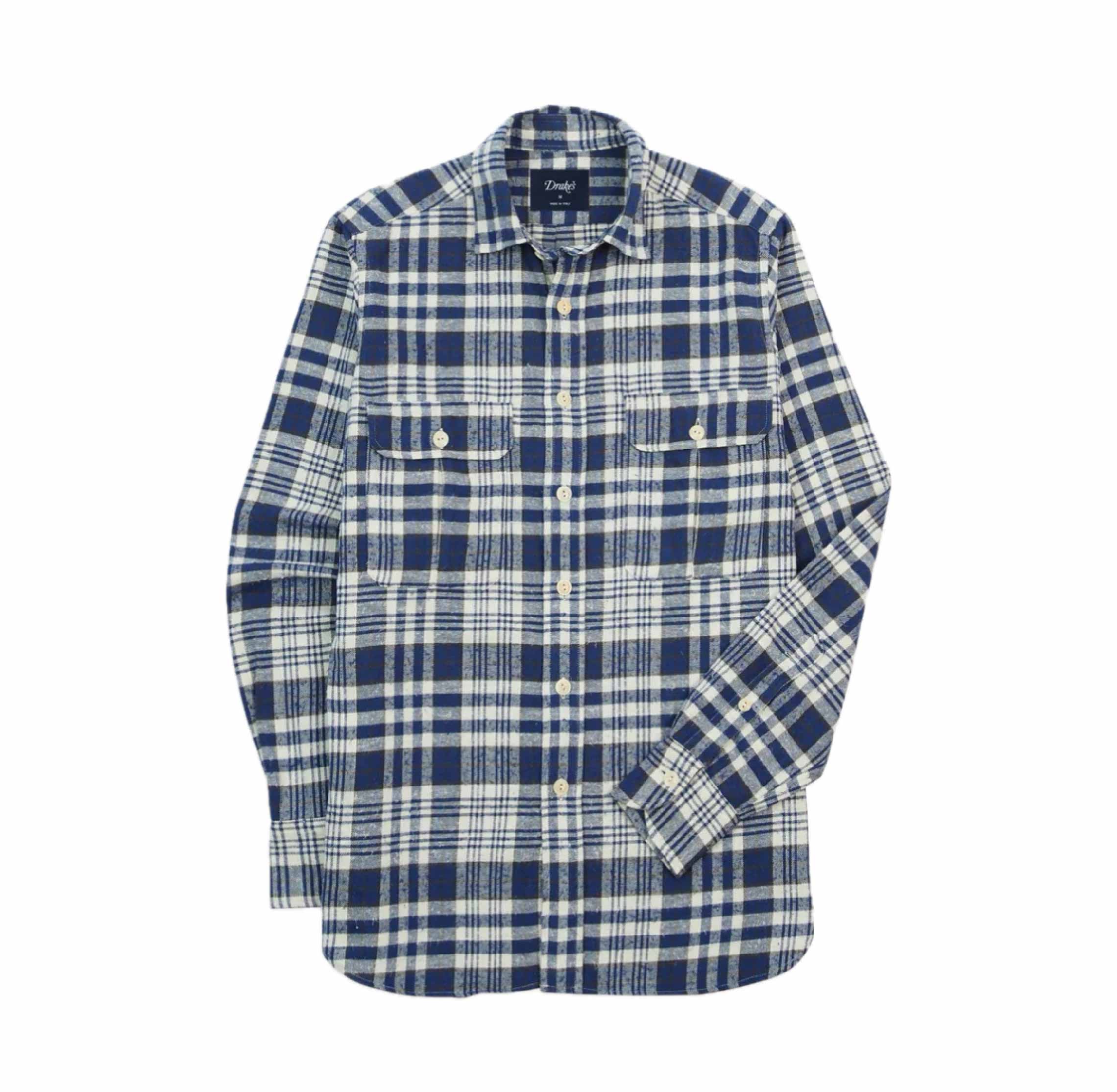 Blue Check Brushed Cotton Two-Pocket Work Shirt
