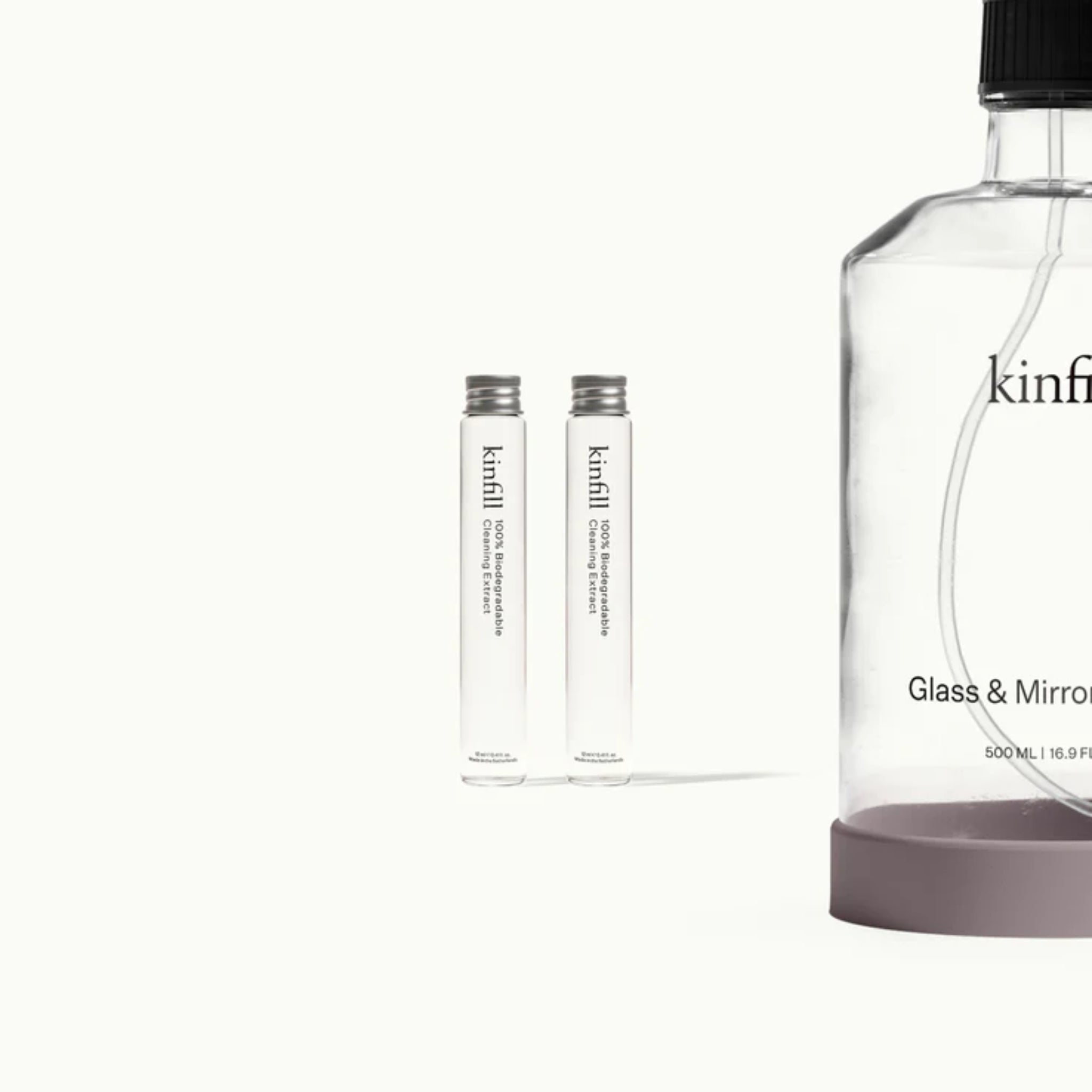 Kinfill eco-friendly glass and mirror cleaner refill packs for sustainable cleaning.