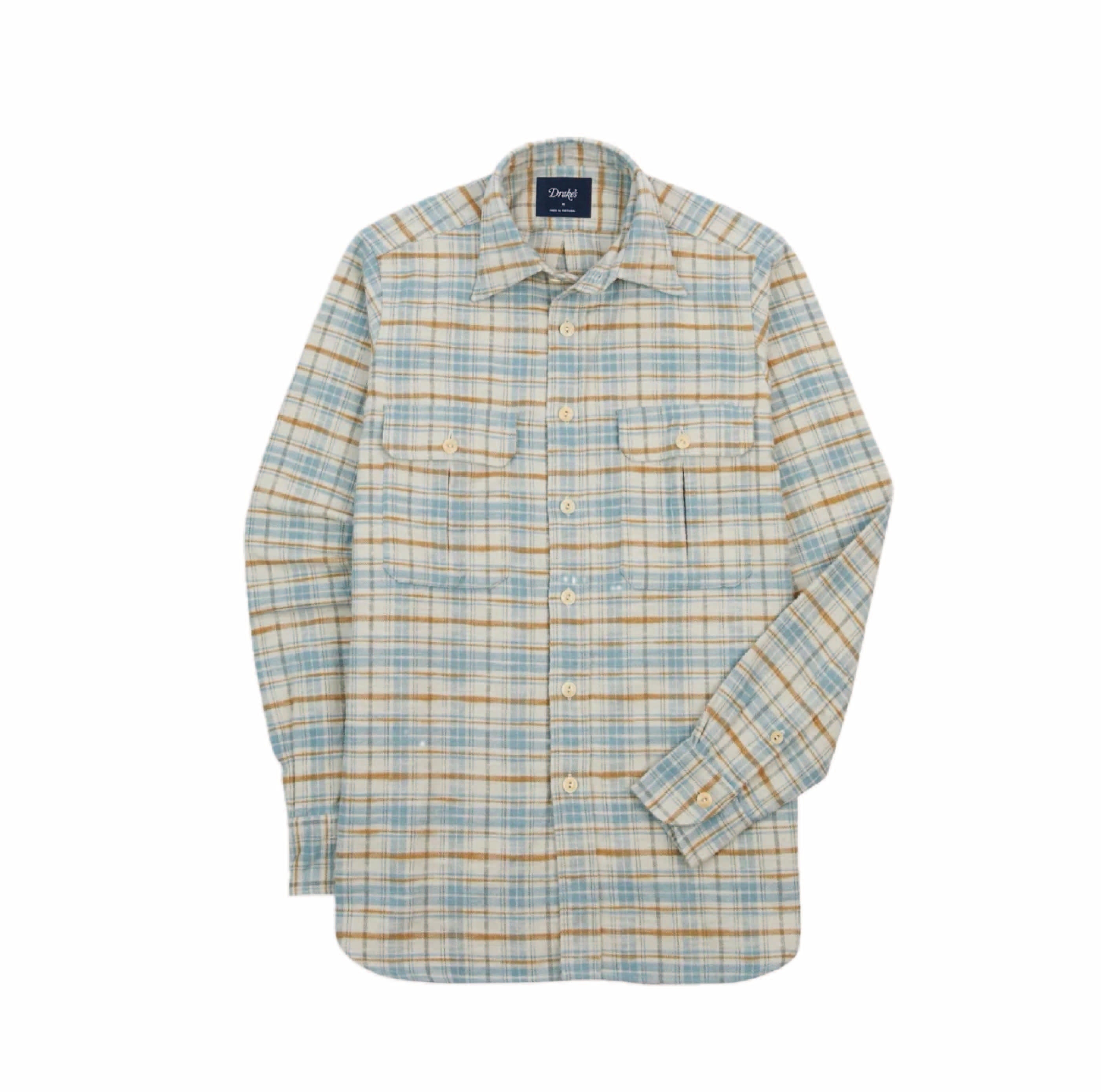 Ecru and Blue Check Cotton Two-Pocket Work Shirt