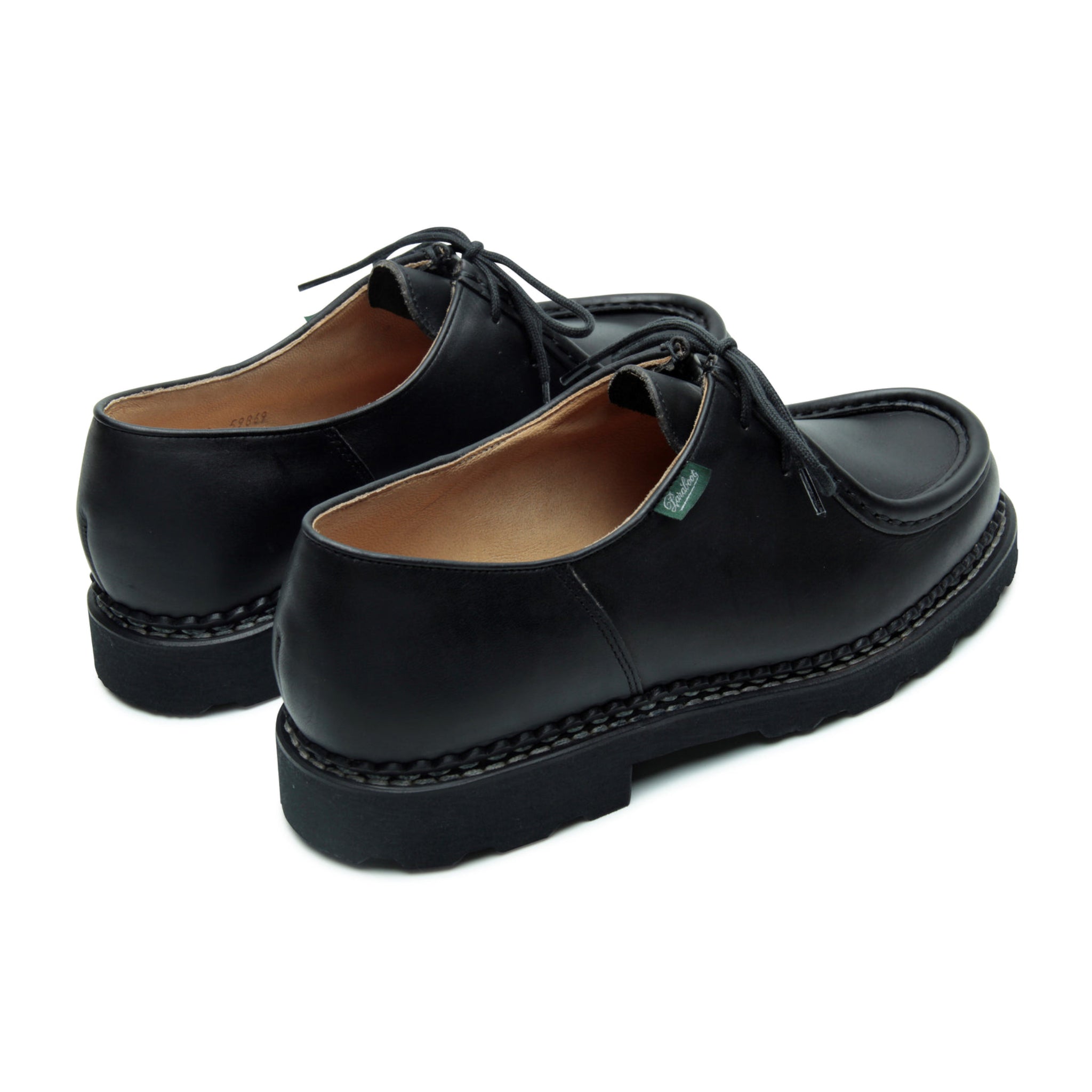 Top view of Paraboot's Michael Shoe Noire, highlighting the hand-stitched moccasin toe.