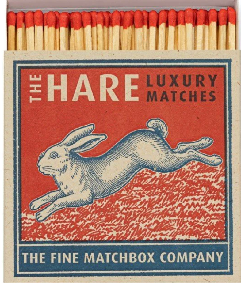 Matchbox featuring The Hare, printed cardboard box with 100 wooden safety matches.