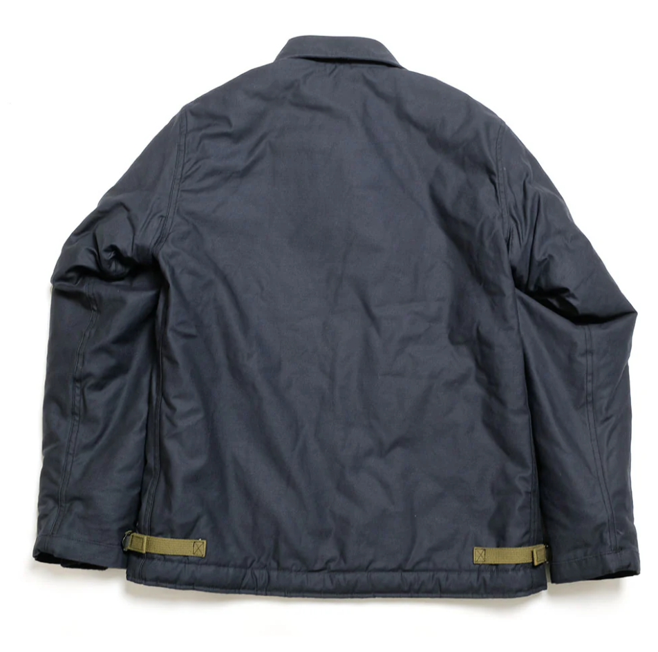 Sleeve detail of A-2 Deck Jacket "Civilian Model" by Buzz Rickson's, navy cotton.