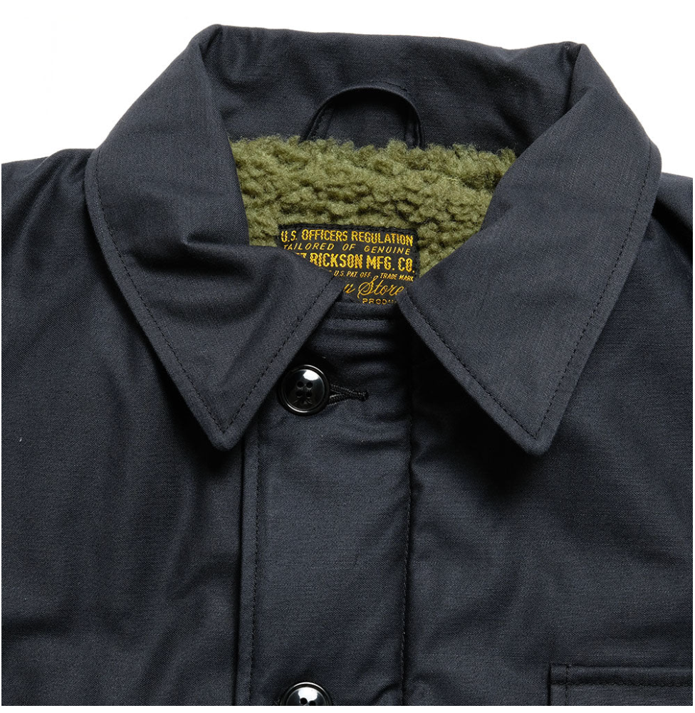 Close-up of pocket detail on A-2 Deck Jacket "Civilian Model" by Buzz Rickson's, navy.