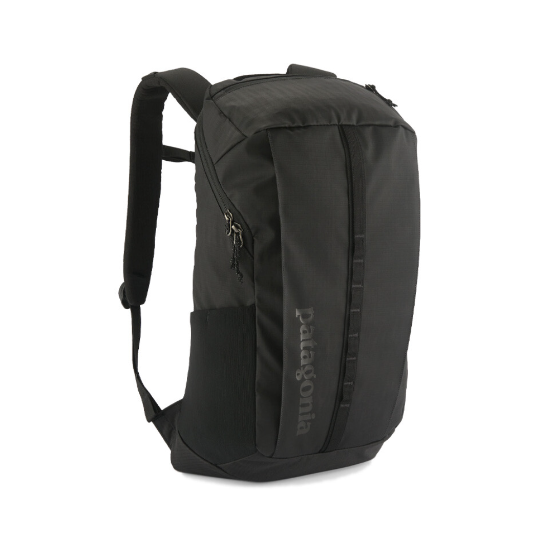 Side view of Patagonia Black Hole Pack 25L, showcasing its robust design in black.