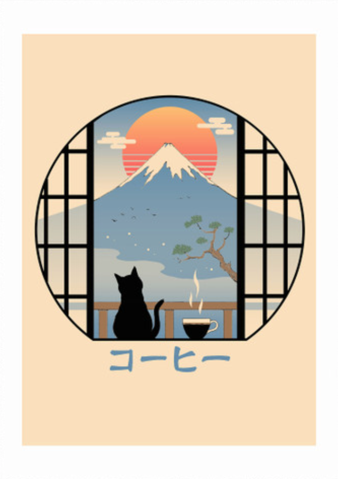 Coffee Cat in Mt Fuji art print, illustration of a cat with Mount Fuji backdrop.