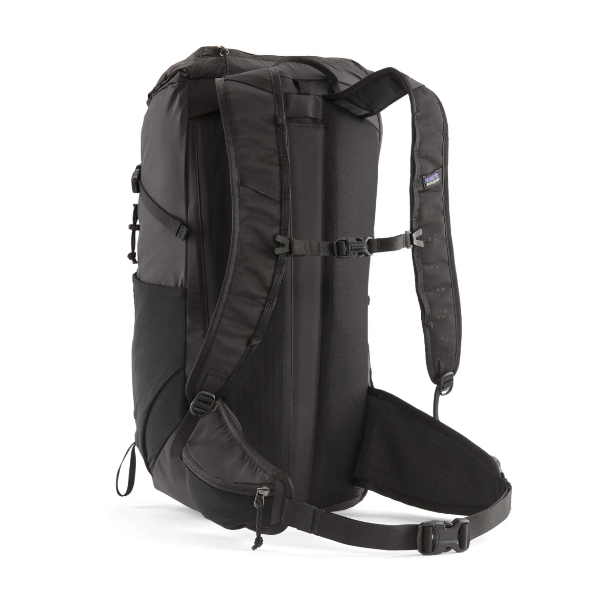 Side view of the Patagonia Terravia Pack 28L in black, emphasizing its spacious design.