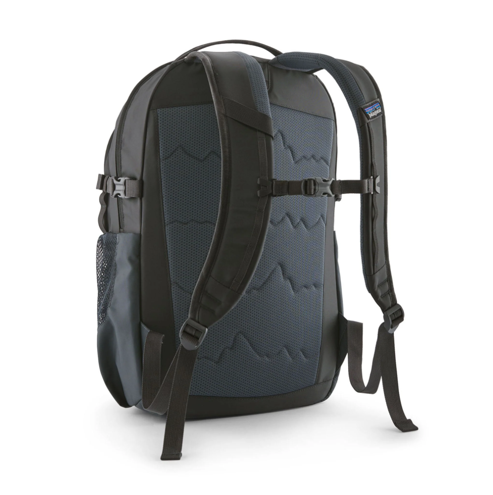 Side view of the Patagonia Refugio Daypack 26L in Smolder Blue.