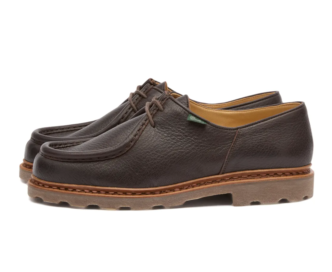 Side view of Michael Marche Noix Cerf Marron by Paraboot, showcasing high-quality grain leather.