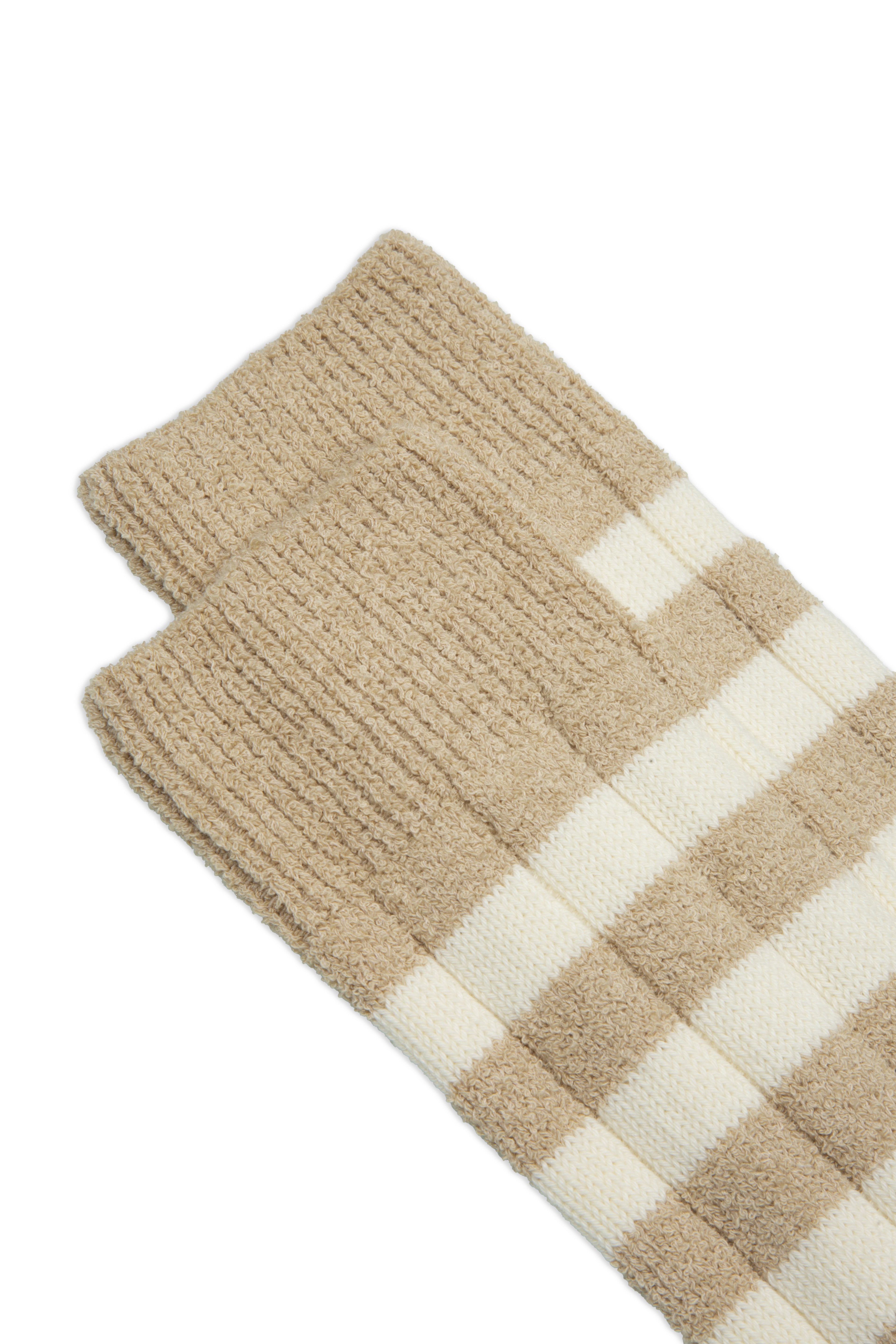 Side view of Taza Socks Beige by Ant45, cotton blend with contrast stripes.