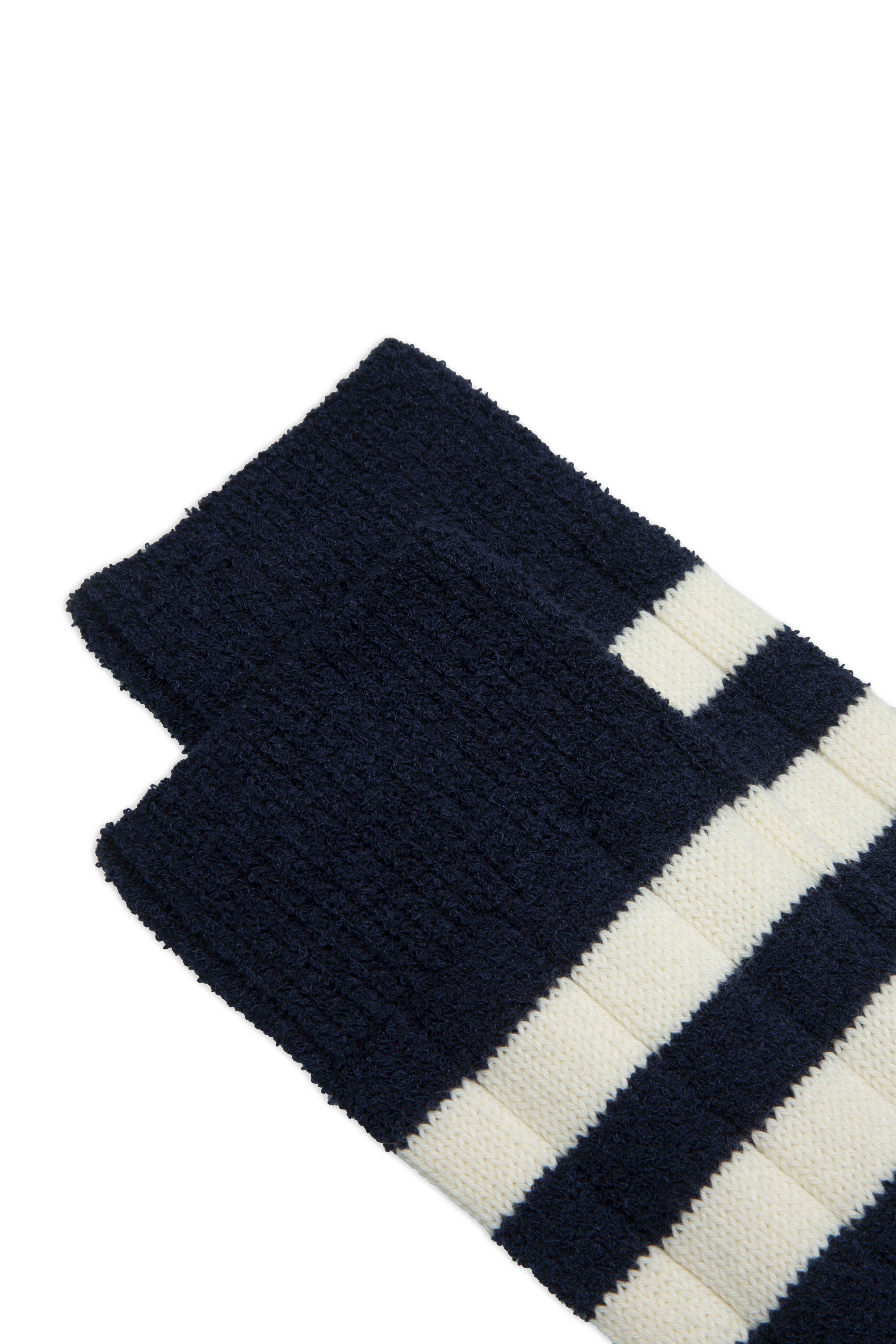 Close-up of Taza Socks by Ant45 featuring wide contrast stripes in navy.