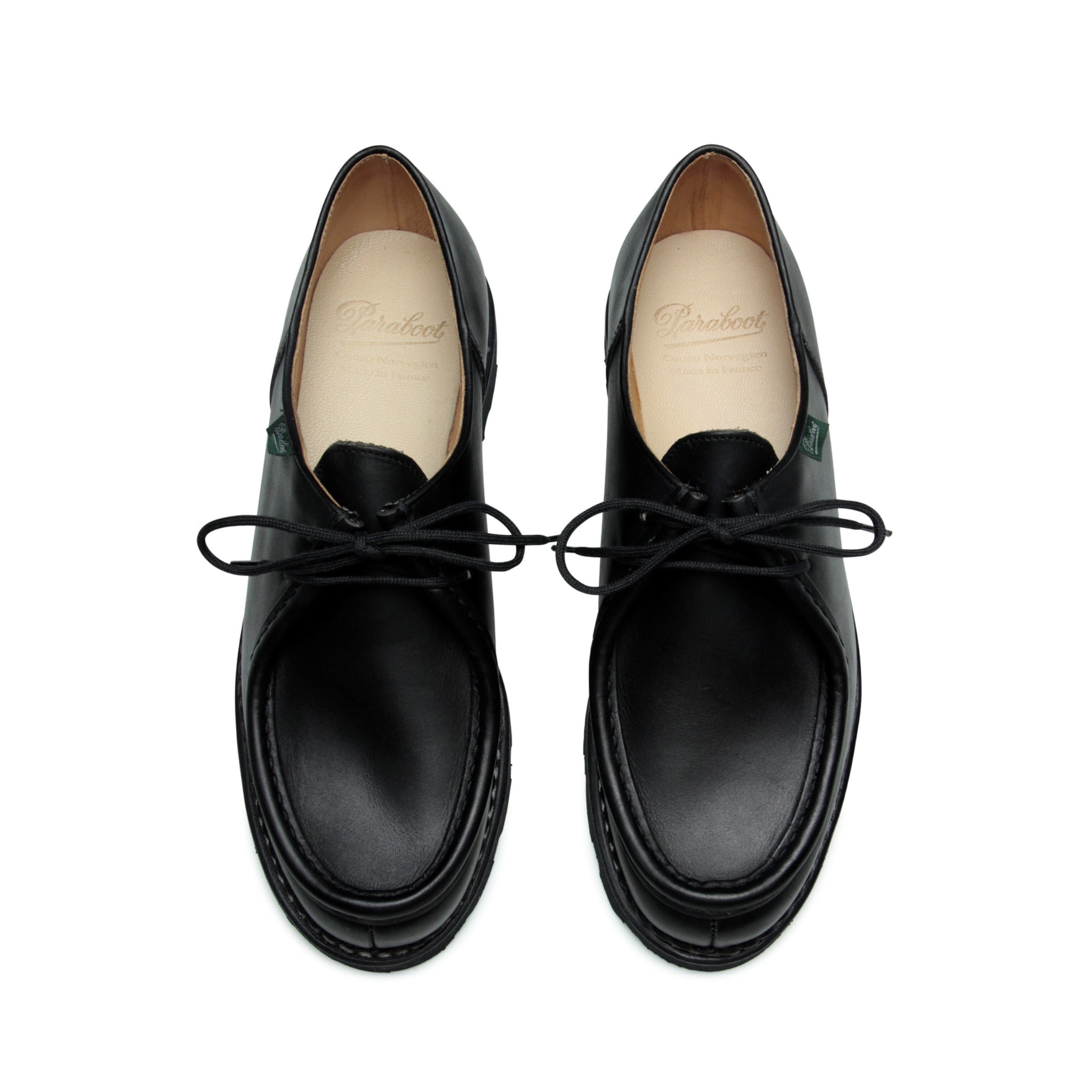 Detail of Paraboot's Michael Shoe Noire, featuring genuine rubber sole and smooth leather finish.